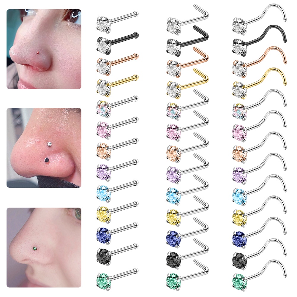 1 Pc Color Crystal Nose Studs Stainless Steel Nose Piercing Round Cz Crystal Nose Ring 3mm L Shape Nostril Piercing Jewelry