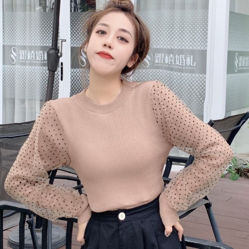 C497 Atasan Baju blus blouse kemeja lengan panjang polkadot rajut lapis tile bintik tidak transparan