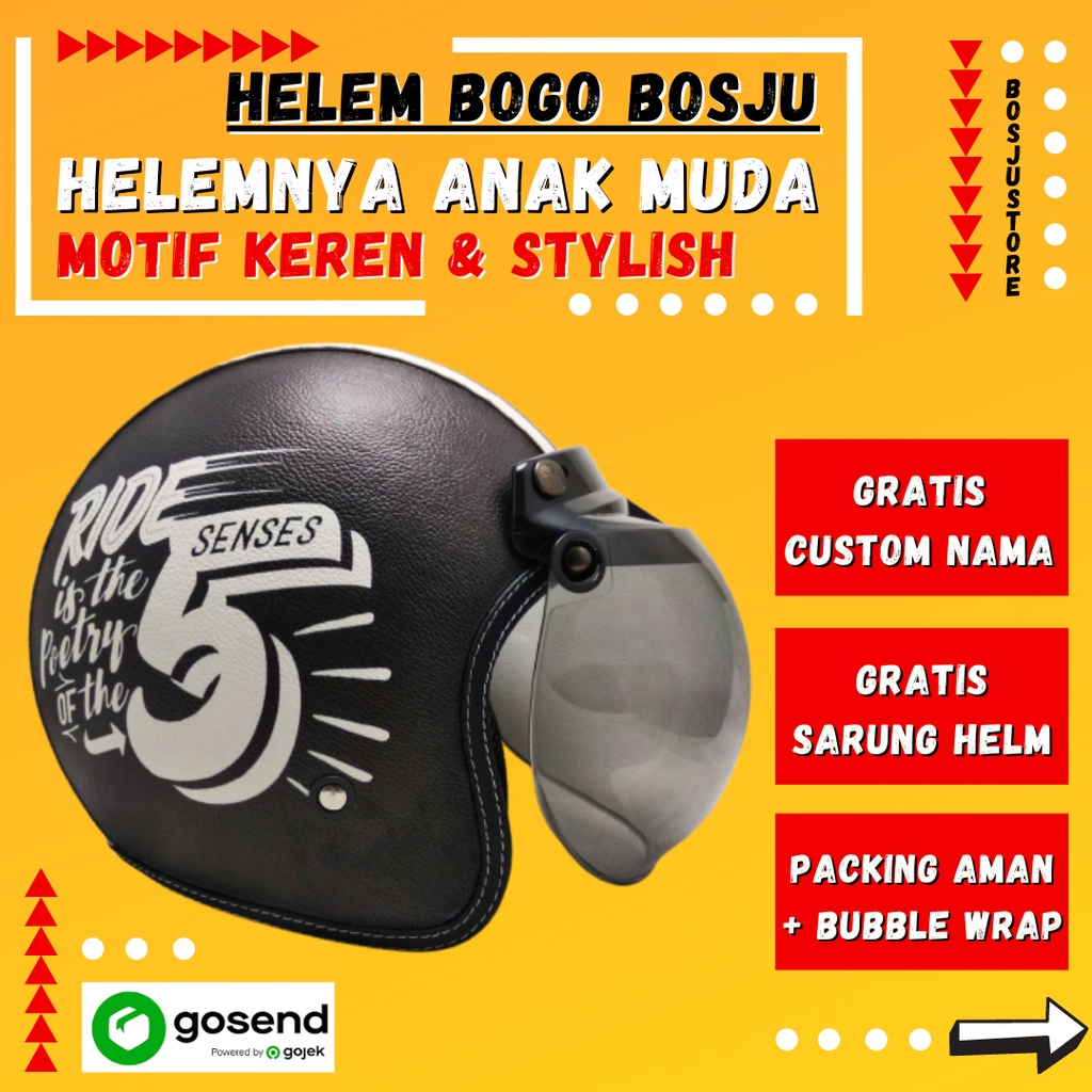 HELM BOGO RETRO KULIT WANITA DEWASA KACA DATAR CUSTOM TULISAN RIDE 5 HITAM KEREN - HELEM BOGO BOSJU