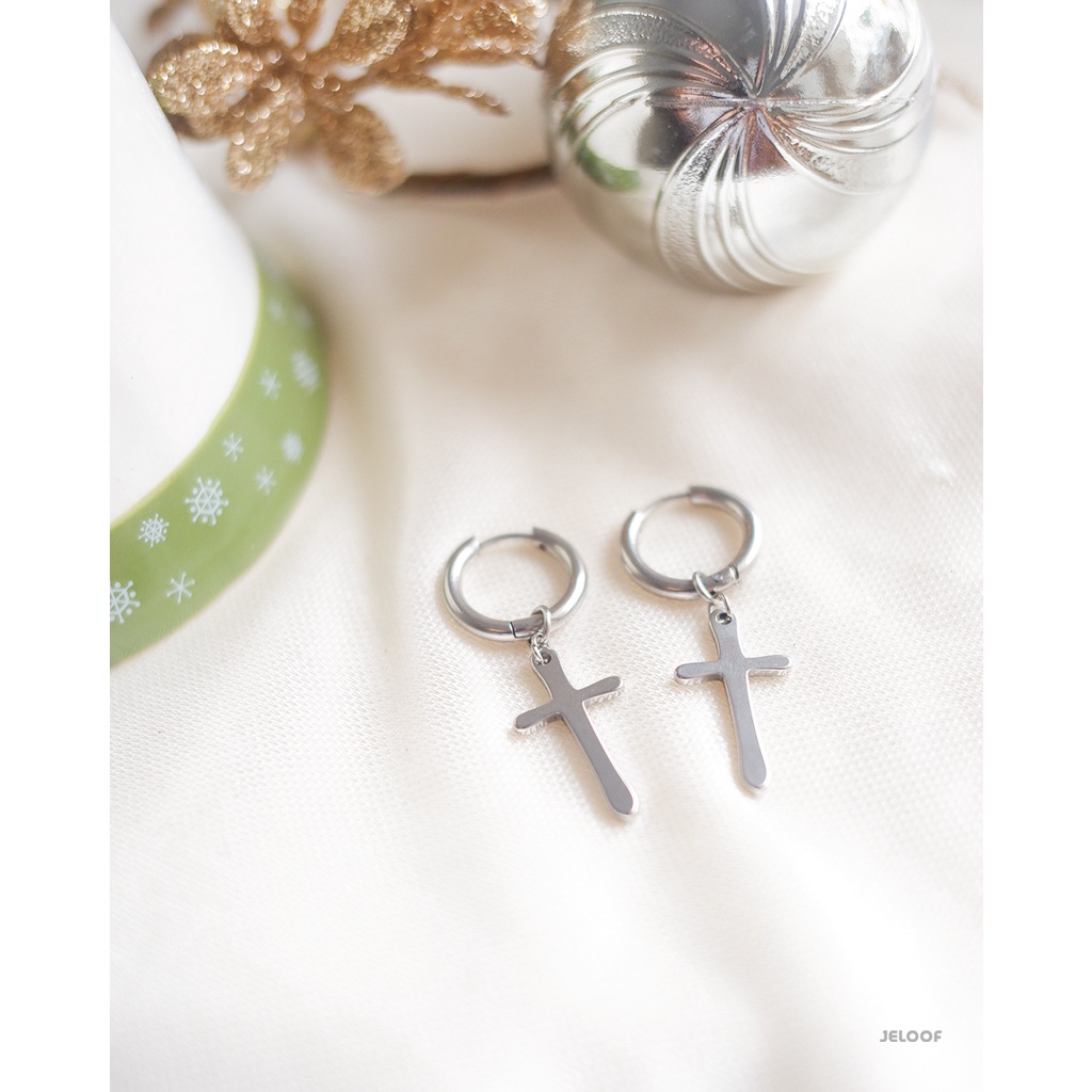 Jeloof Anting Salib Huggie Silver TINDIK | STAINLESS STEEL | Earring Huggie Model Silver