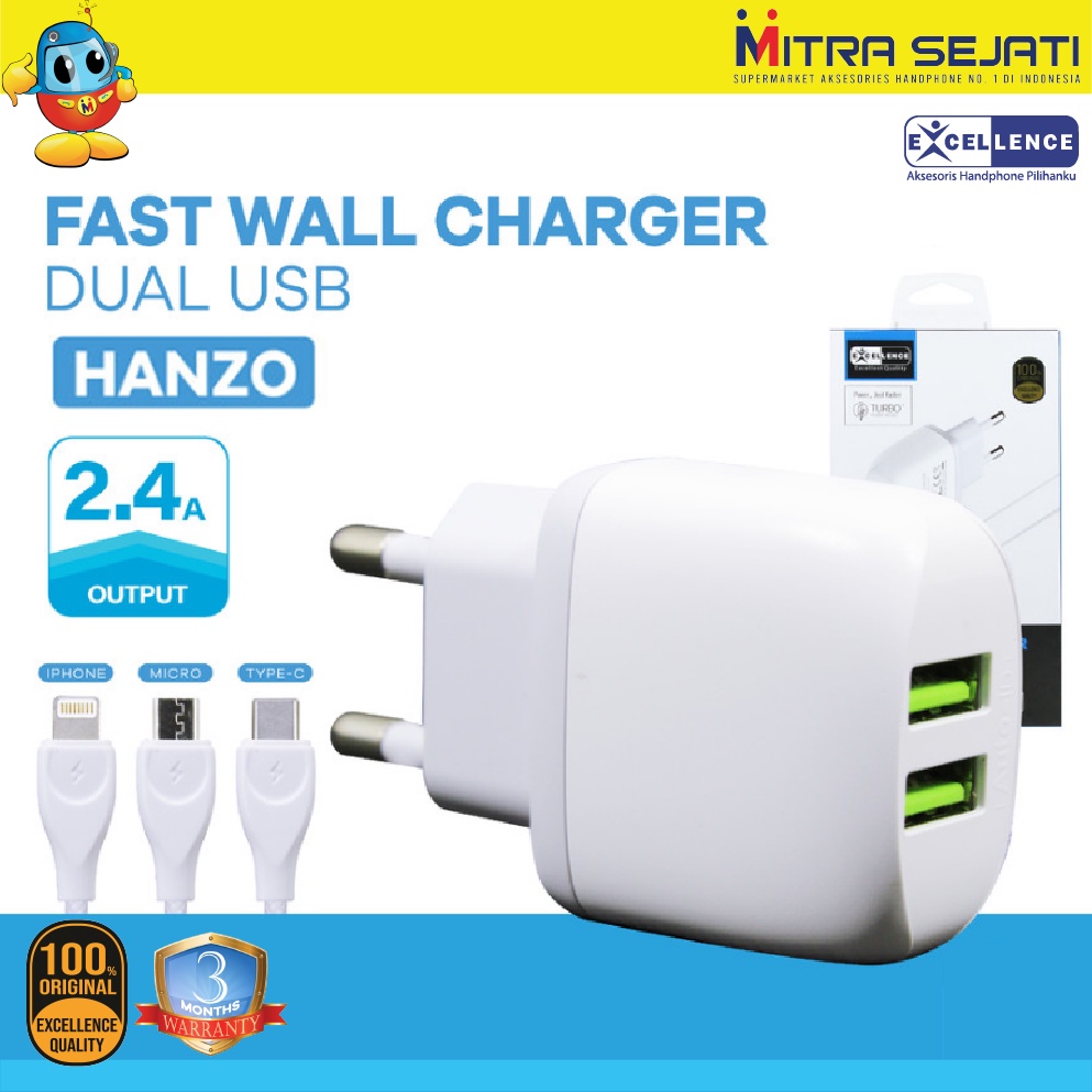 Travel Charger Excellence Hanzo 2.4A 2 USB iPhone/Micro USB/Type-C