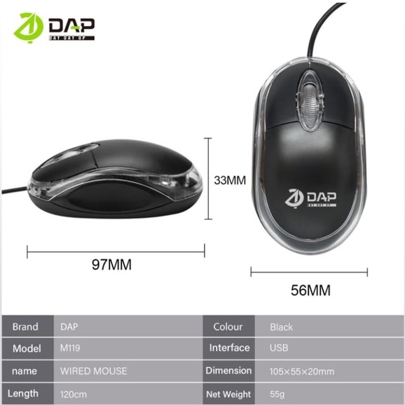 (DAP) Mouse Wired DAP Model  D-M119 2.4GHz Optical 1200DPI dengan Receiver USB 2.0 Mouse Dm119 Dap