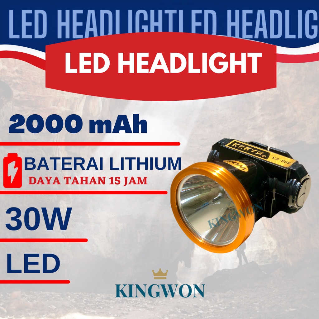 SENTER KEPALA 30 WATT HEADLAMP LAMPU LED SUPER TERANG CAHAYA PUTIH OUTDOOR BISA CHARGE HIGH QUALITY MURAH