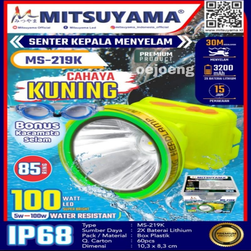 Senter Kepala Diving/Menyelam/selam MATSUYAMA MS-219P MS-219k 100 Watt Super Terang LED Putih/Kuning