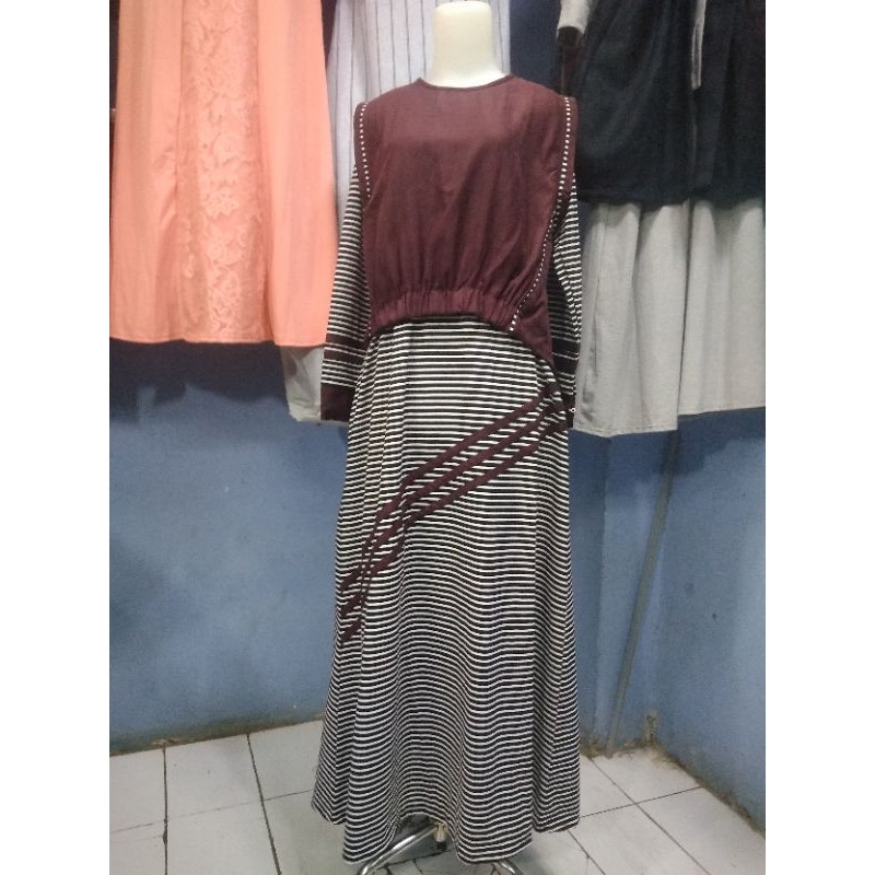 Gamis list setelan bludru kaos salur salur remaja dewasa jumbo