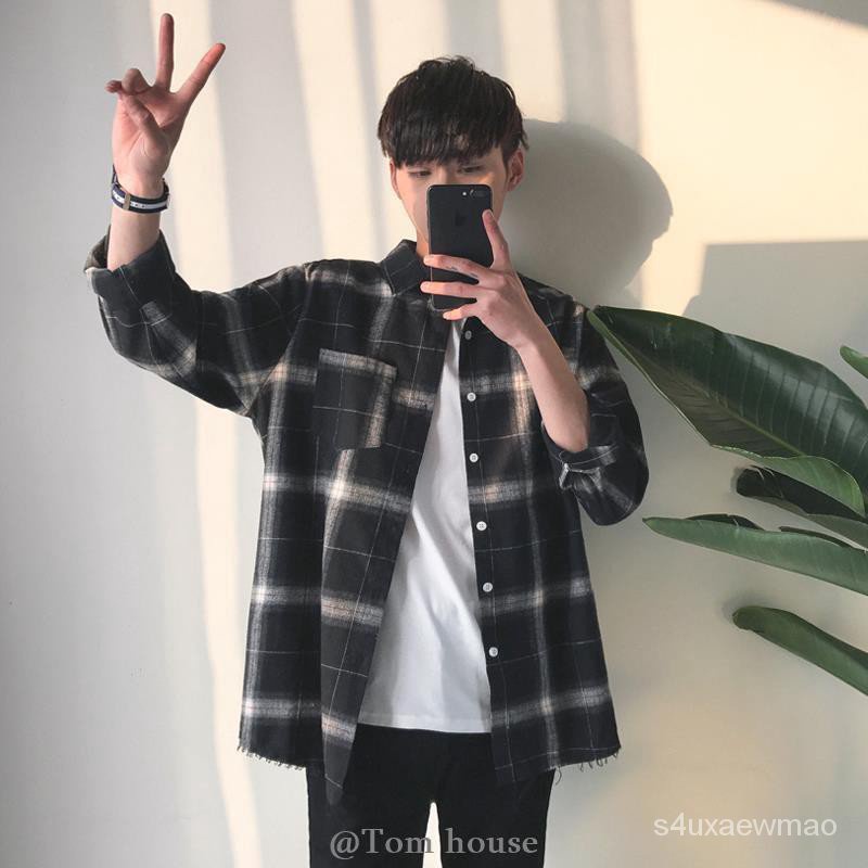 Long-sleeved shirt men's casual striped plaid shirt Hong Kong style Korean style ins tide handsome l