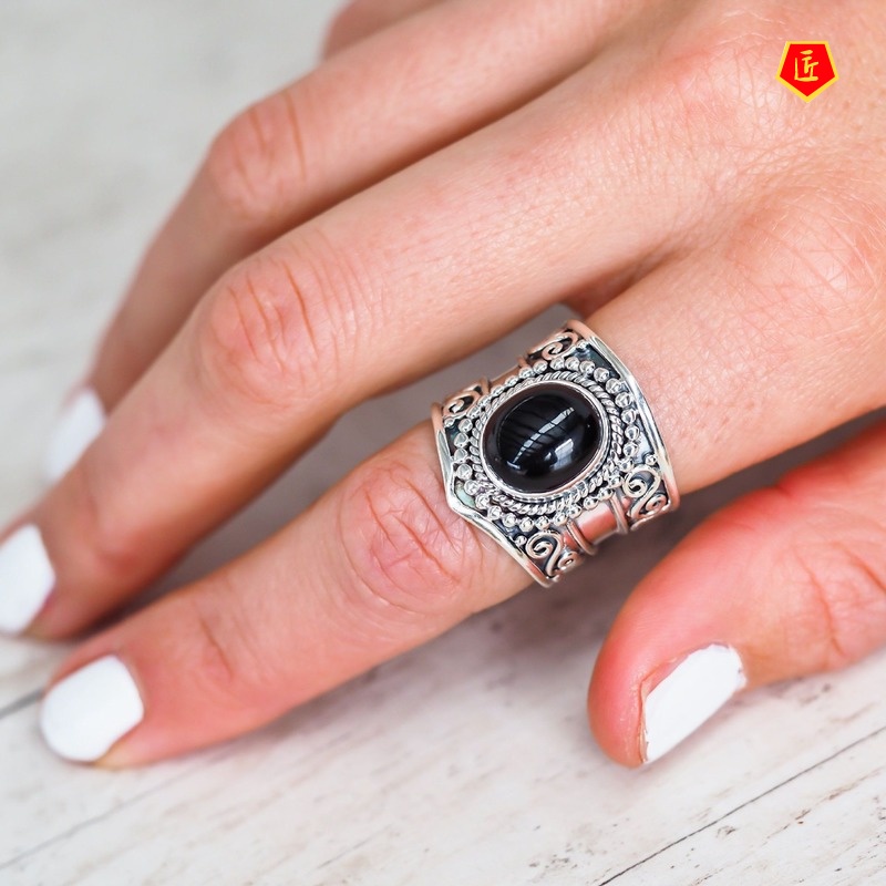 [Ready Stock]Retro Moonstone Silver Ring Women's Black Agate Turquoise