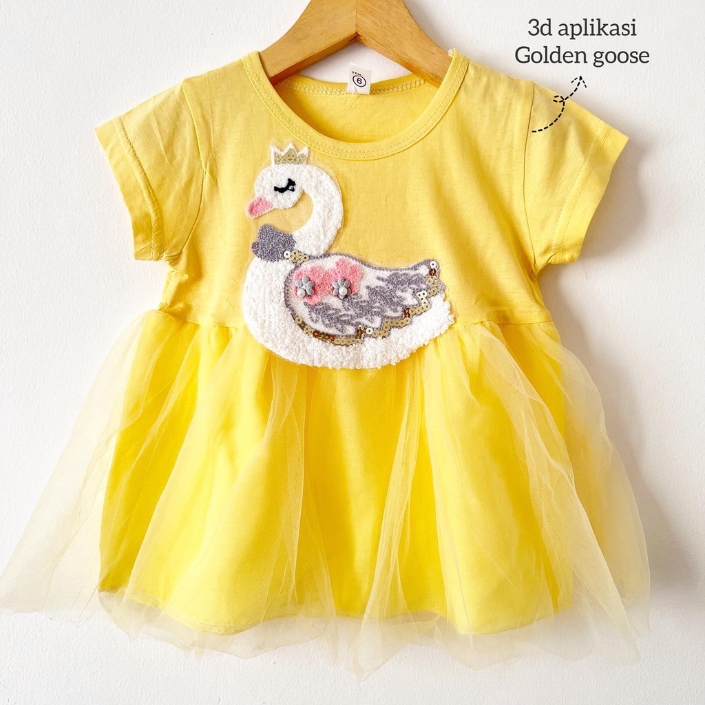 IMPORT DRESS STRAWBERRY / GOLDEN GOOSE / SLEEPING BEAUTY Pakaian Baju Pergi Lucu Fashion Anak Bayi Perempuan Cewek Terlaris Impor-Golden Goose Yellow