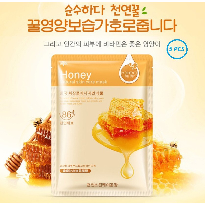 5 Pcs Masker Wajah HCHANA Honey Madu / Masker Muka HCHANA ROREC Honey Facial Sheet Mask Masker Wajah Organik Pemutih dan Glowing / Masker Organik Anti Komedo dan Jerawat / Masker Wajah Korea Murah Pria Wanita