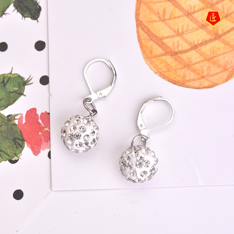 [Ready Stock]Spherical Diamond-Embedded Crystal Earrings Silver Simple