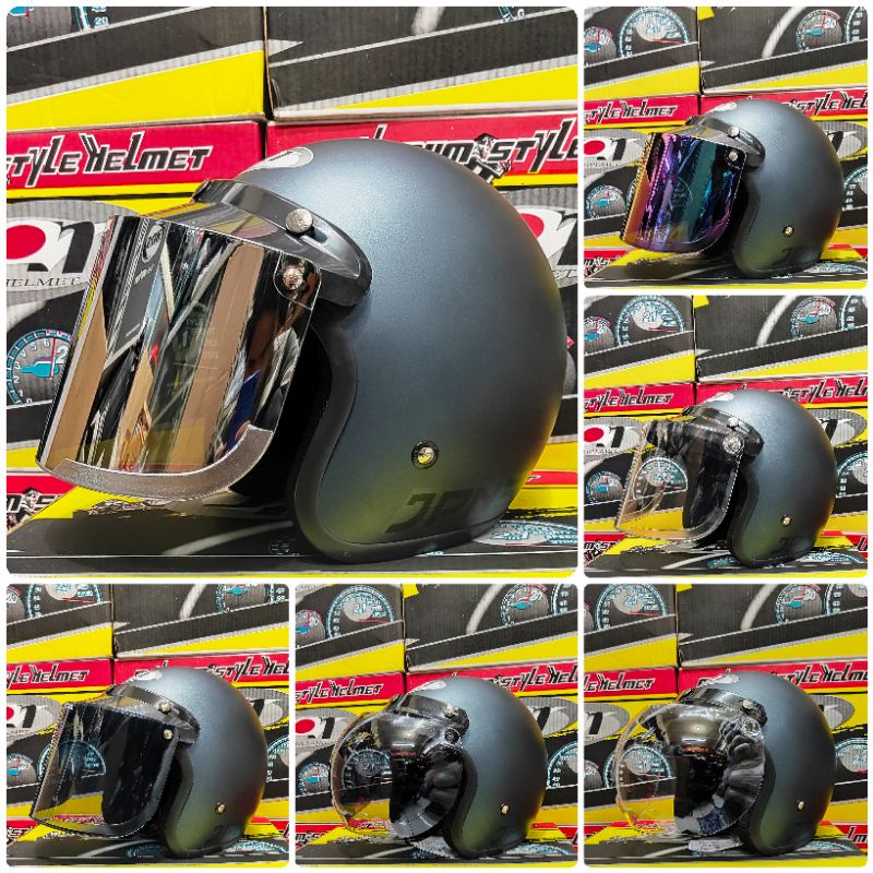 HELM BOGO JPN CLASSIC RETRO ARC ABU ALL GREY DOP KACA DATAR & CEMBUNG
