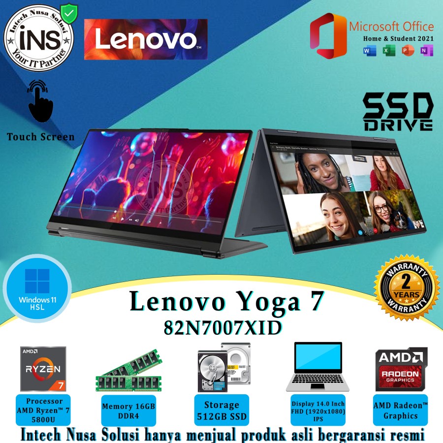 Lenovo Yoga 7 7XID 2 in 1 Ryzen 7 5800U 16GB 512GB SSD WIN11HSL OHS 21 2YR