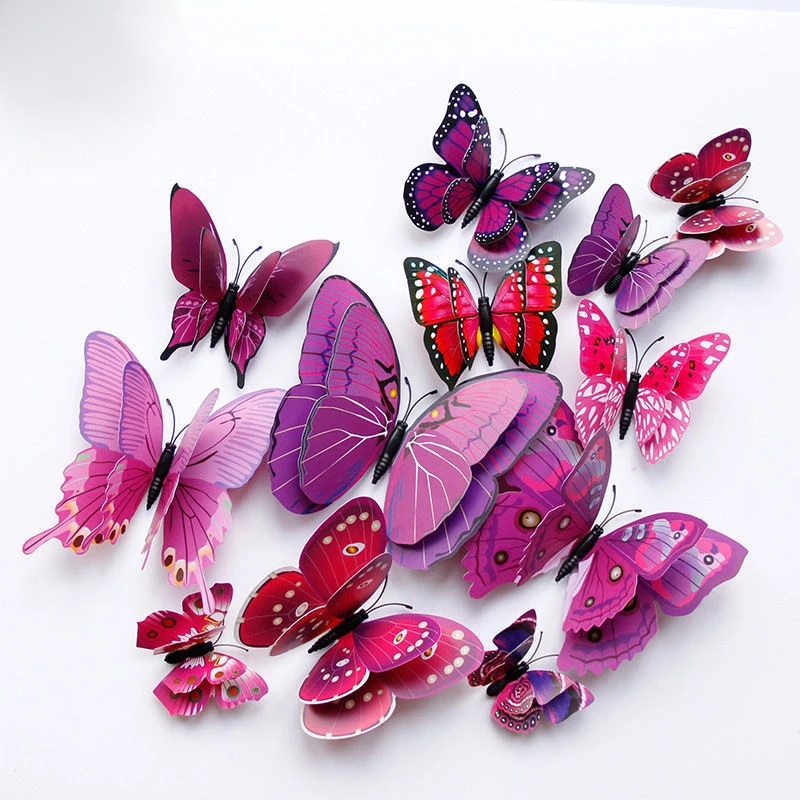 12Pc/Set Colorful Double Layer 3D Magnetic Butterfly Wall Sticker /  Butterflies Refrigerator Magnet Stickers