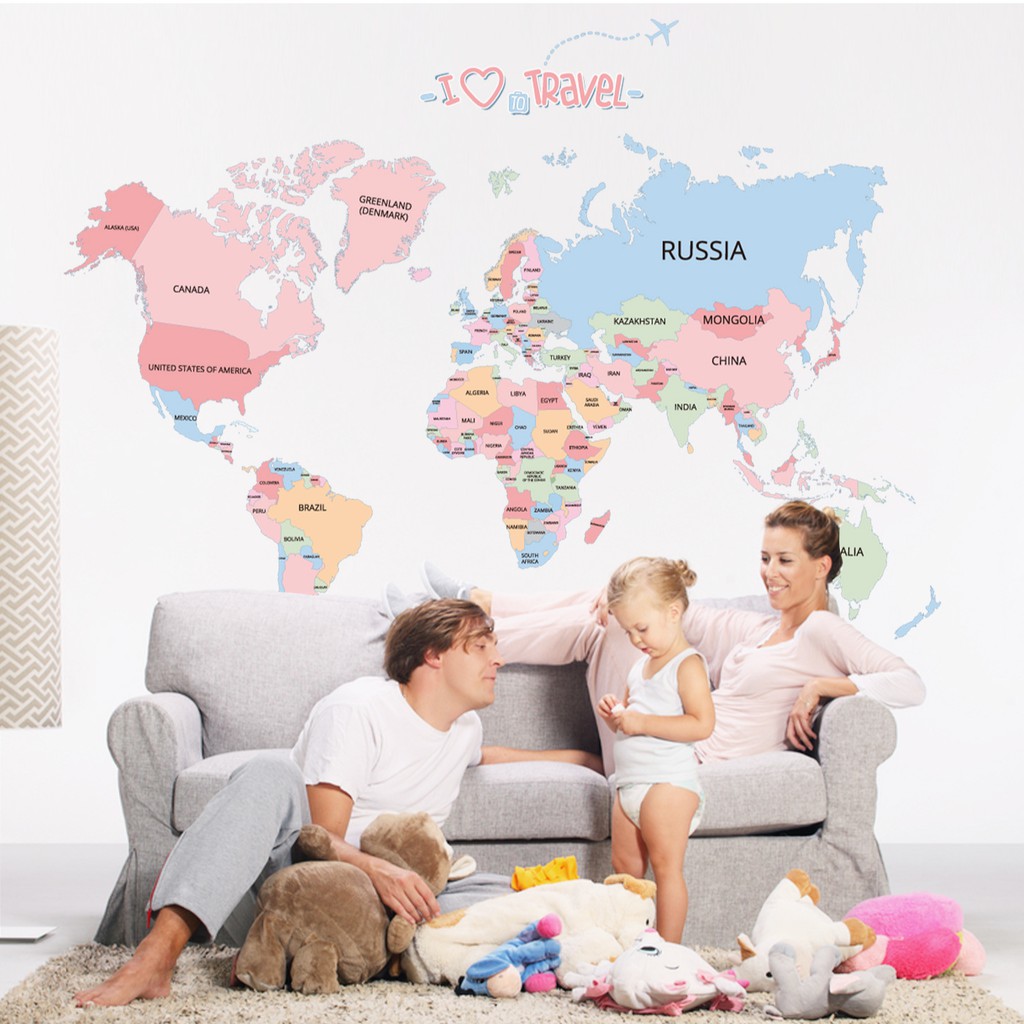 RELIZA Wall sticker peta dunia i love travel map in the world ABC1055 Stiker Dinding