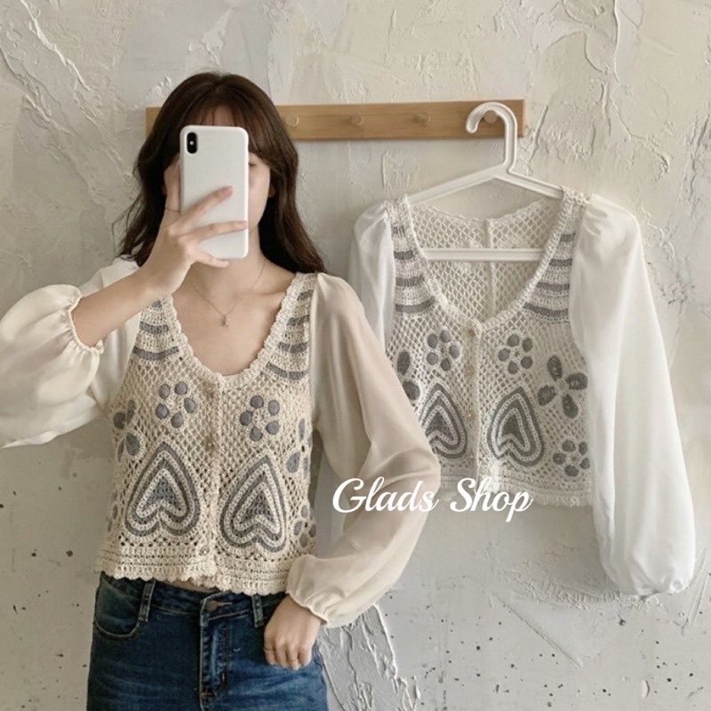 BL816 • Korean Love Pattern Blouse • Crochet Knit Crop Top • Puff Long Sleeve