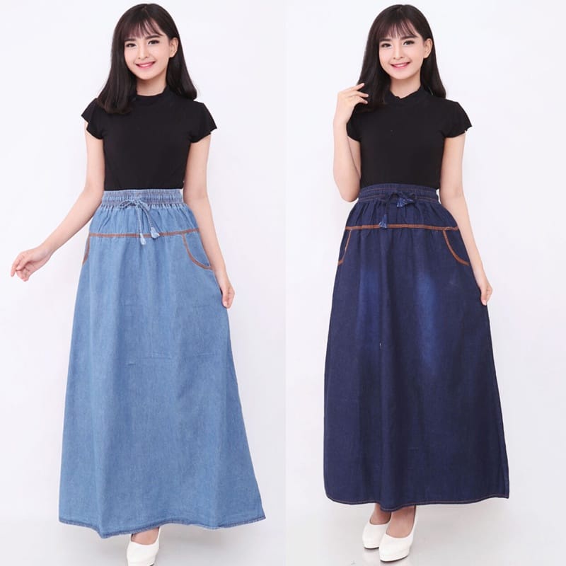 Rok Jeans Wanita Panjang Oversize Jeans Skirt Original - Rok Jeans JUMBO Pinggang Karet Premium - BEST SELLER ROK JEANS  WANITA DEWASA