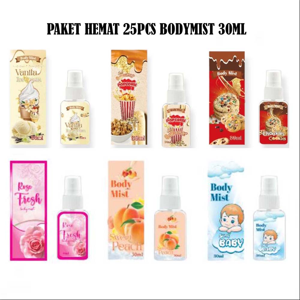 Kanzo - Paket Hemat 25 Pcs Body Mist 30ml / Paket Hemat 25 Pcs Parfum Popcorn 30ml / Parfum Pria &amp; Wanita Tahan Lama