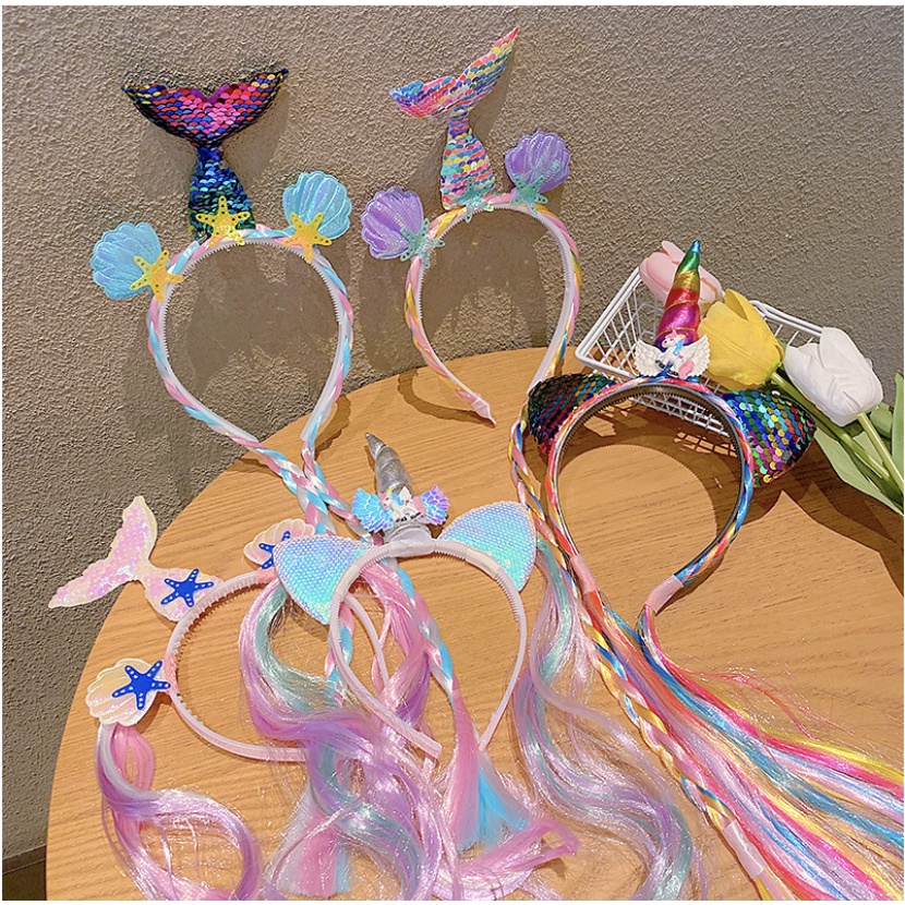 babyfit bando kepang LED anak perempuan bando lampu dengan rambut ekstension mermaid unicorn pn-930