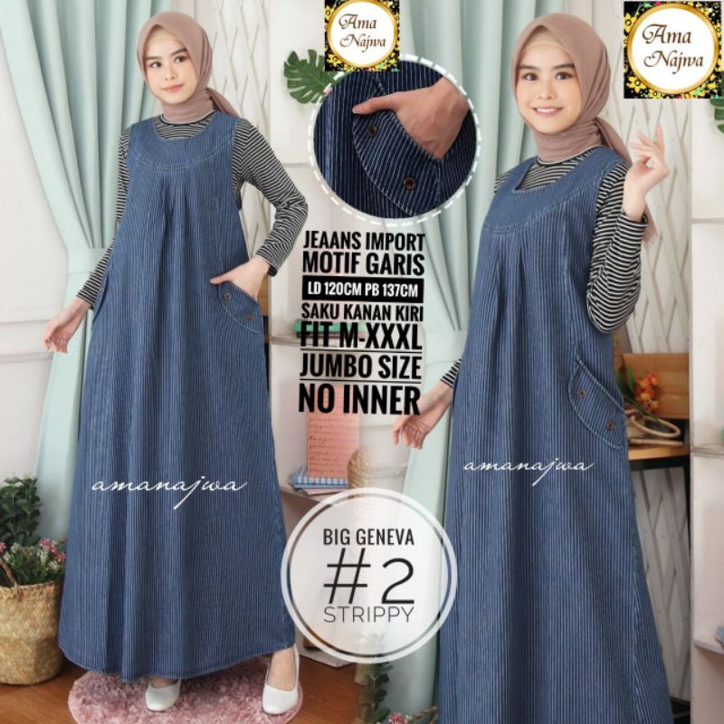 Gamis Jeans Wanita Jumbo Motif Garis Ld 120cm Big Geneva