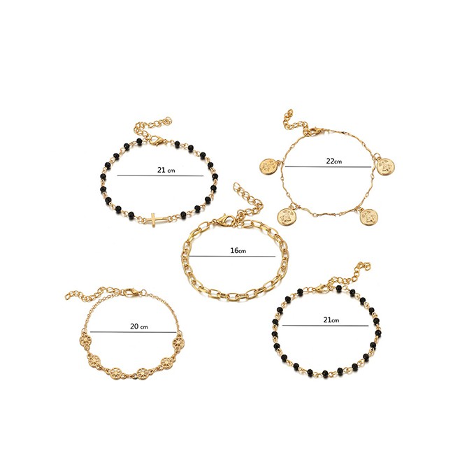 LRC Gelang Kaki Fashion Gold Alloy Cross Round Chain Bracelet 5 Piece Set F94590