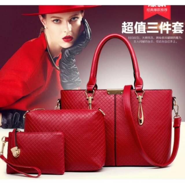 TAS 3 IN 1 CROCO BRANDED IMPORT FASHION BAG WANITA OFFICE