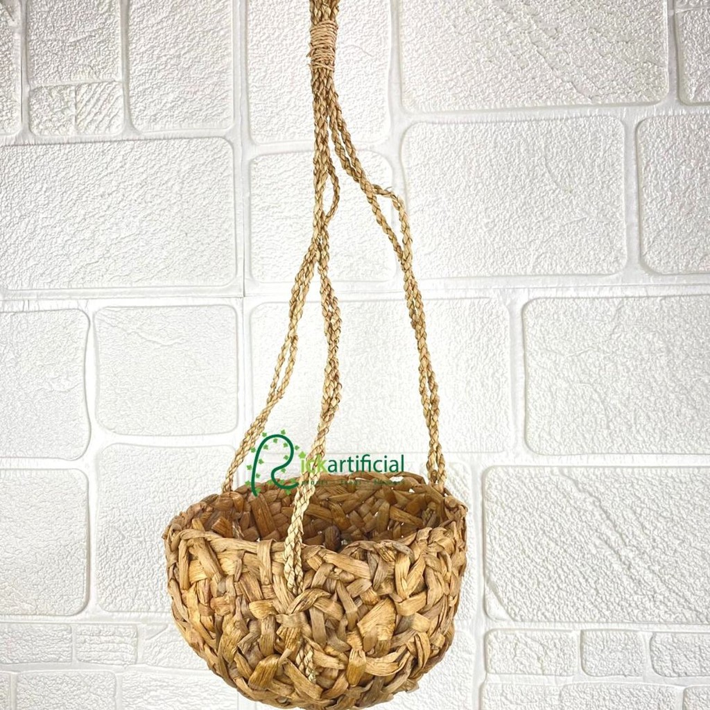 Pot Tanaman Gantung Anyaman Eceng Gondok Tali Vas Bunga Hias Artistik Model Bola Bejana Dekorasi