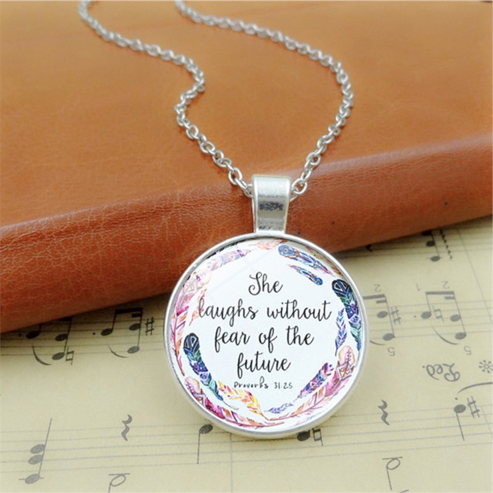 Hu Hu Hu Hu Hu Alat Bantu Pasang Kacamata♡ Kalung Rantai Liontin Cabochon Kaca Motif Alkitab Kristen Untuk Priawanita