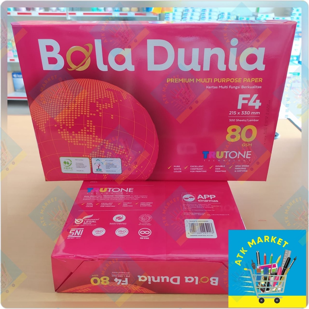 

Kertas F4 Foto Copy HVS 80 gr / 80 gsm / 80gram BOLA DUNIA (SINARMAS)