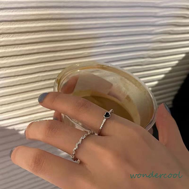 Set Cincin Jari Telunjuk Bahan Zirkon Warna Hitam Untuk Wanita -Won