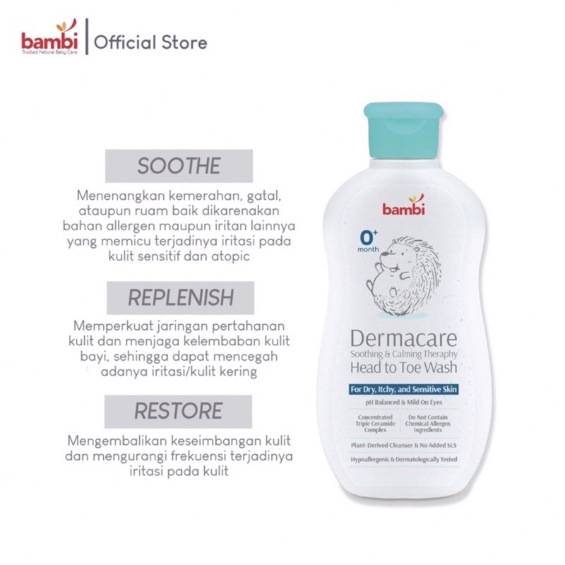 Bambi Sabun Bayi / Head to Toe Wash Sensitif Eksim Ruam Kemerahan Baby Dermacare Daily Soothing &amp; Calming Therapy Head to Toe Wash Bambi Sabun Shampo Bayi Kulit Sensitif