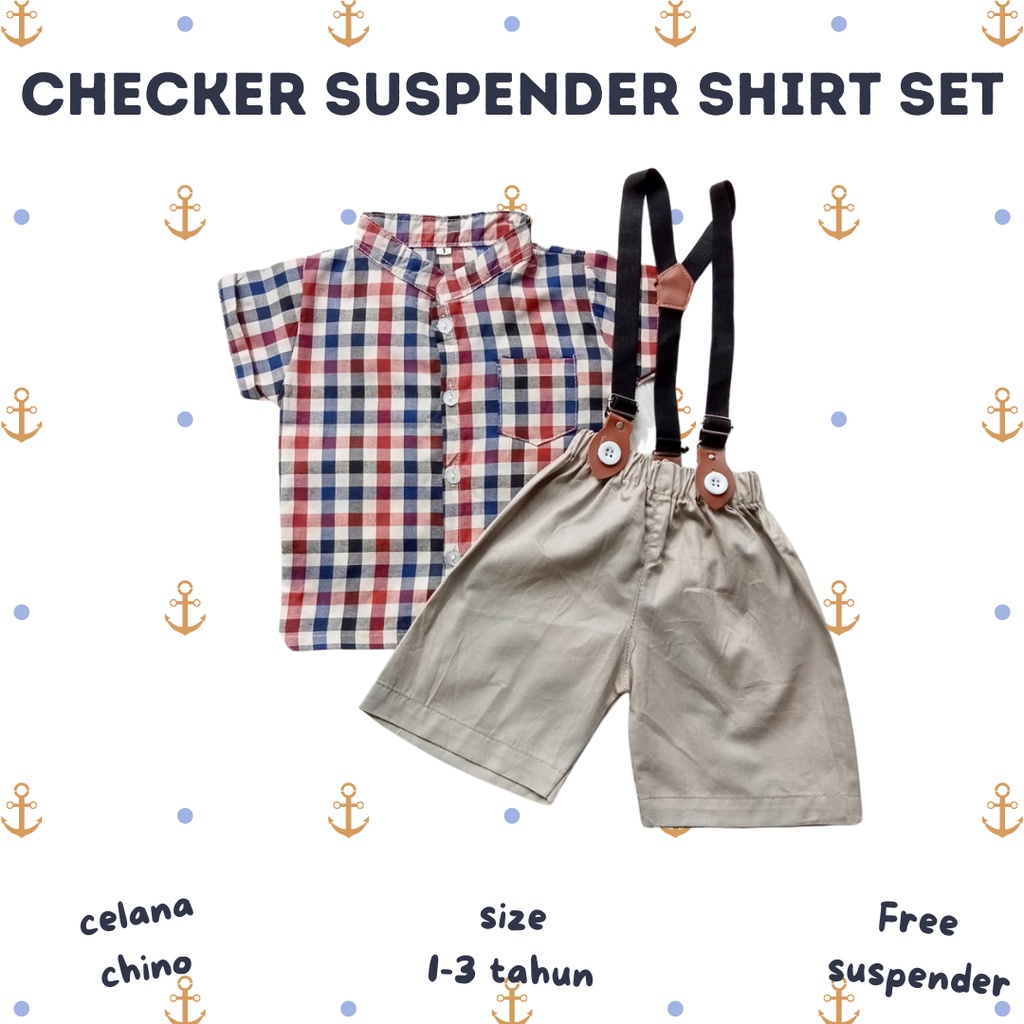 GROSIR  checker SUSPENDER SHIRT SET