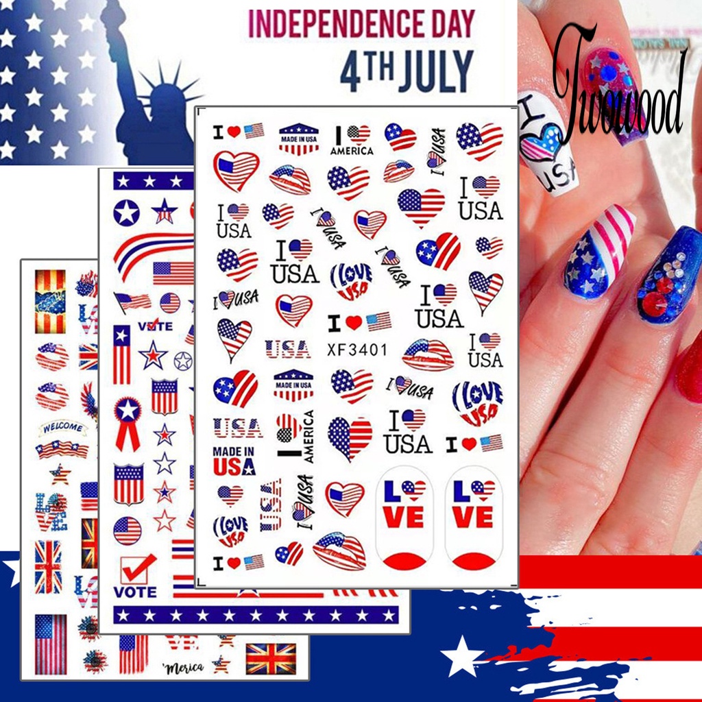 Twowood Stiker Kuku Ultra Tipis Motif Bendera Amerika / National Day Untuk Nail Art