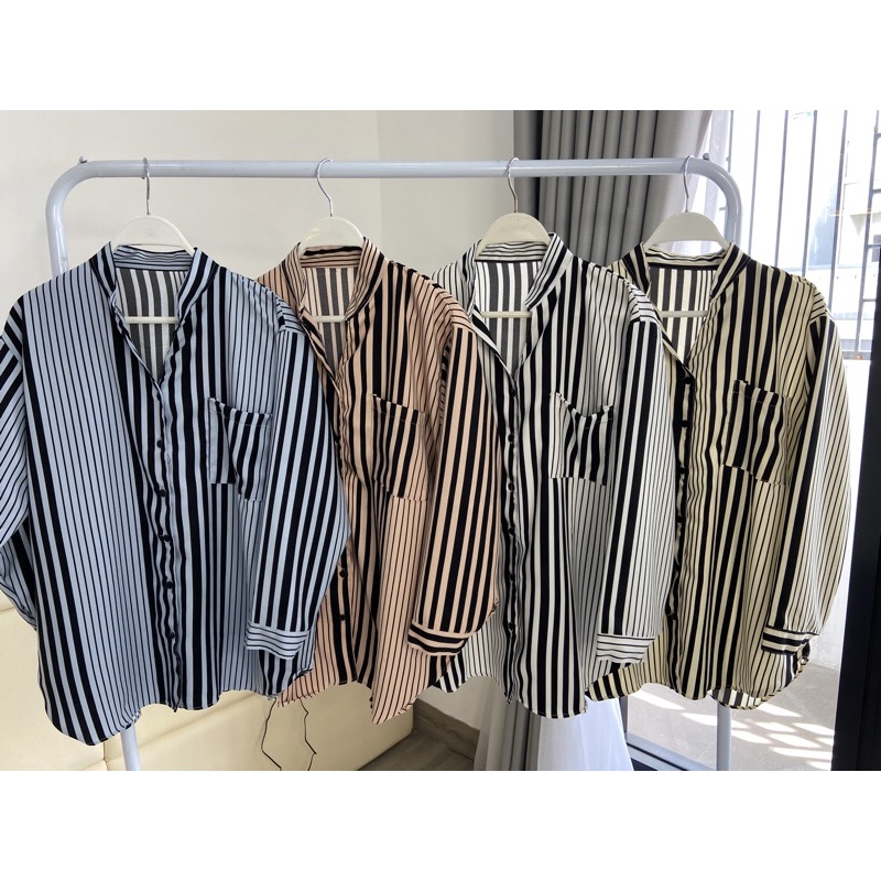 real pic kemeja salur wanita / kemeja v neck / kemeja panjang LD 110