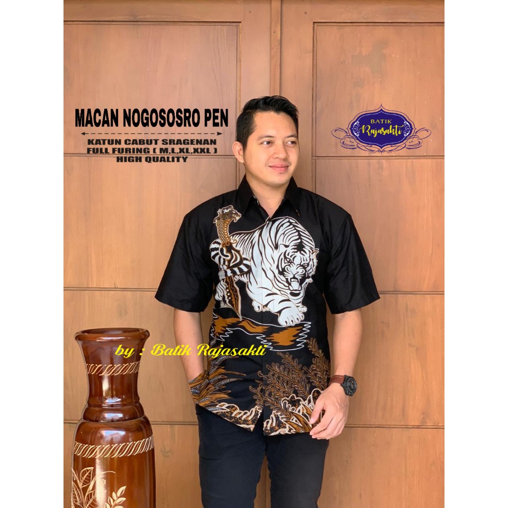 MACAN NOGOSWARA RAJASAKTI KEMEJA BATIK SOLO PRIA LENGAN PENDEK LAPIS FURING ATASAN BATIK PREMIUM MODERN KATUN HALUS BAHUWIRYA  BANAMITRA BANAMITRA PUTIH BANGSAWAN BAYU PUTRA BERLIAN BIRU BHARATAYUDA BIMASENA BIRENDRA BIRU INDAH BRAHMAKERTA BRAHMAKERTA