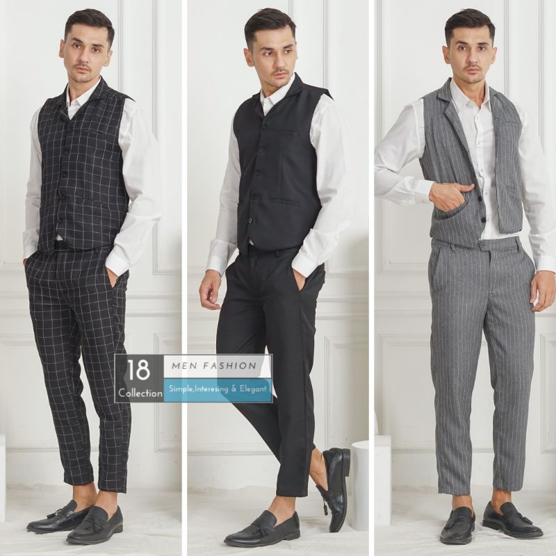 18Collection - Vest One Set Formal Motif &amp; Polos Rompi Groomsman Premium [Bisa COD]