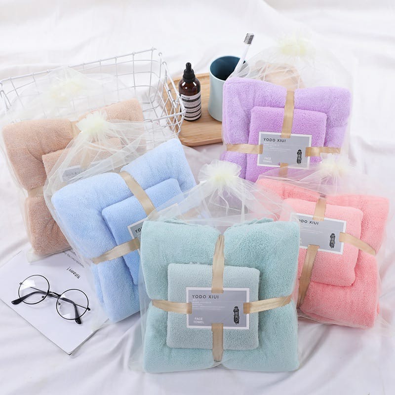 Handuk Set 2in1 Handuk Mandi dan Handuk Wajah Dewasa Handuk Warna Set 2 Pcs Cotton Towel