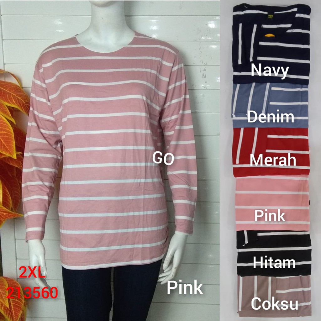 gof AS LMN BIG SIZE Pakaian Wanita Atasan Kaos Motif Salur Garis Katun Casual Santai Lengan Panjang