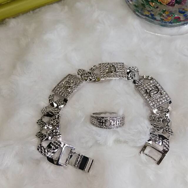Set gelang chanel plate silver lapis emas 22k