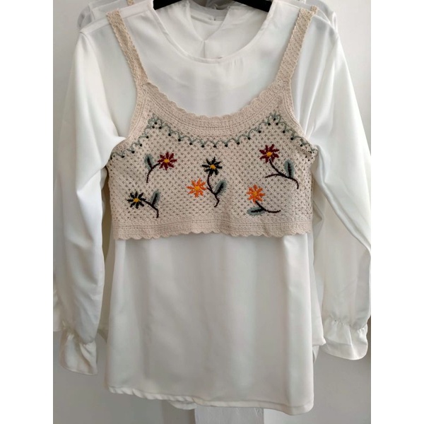 set kemeja rompi rajut import set blouse vest
