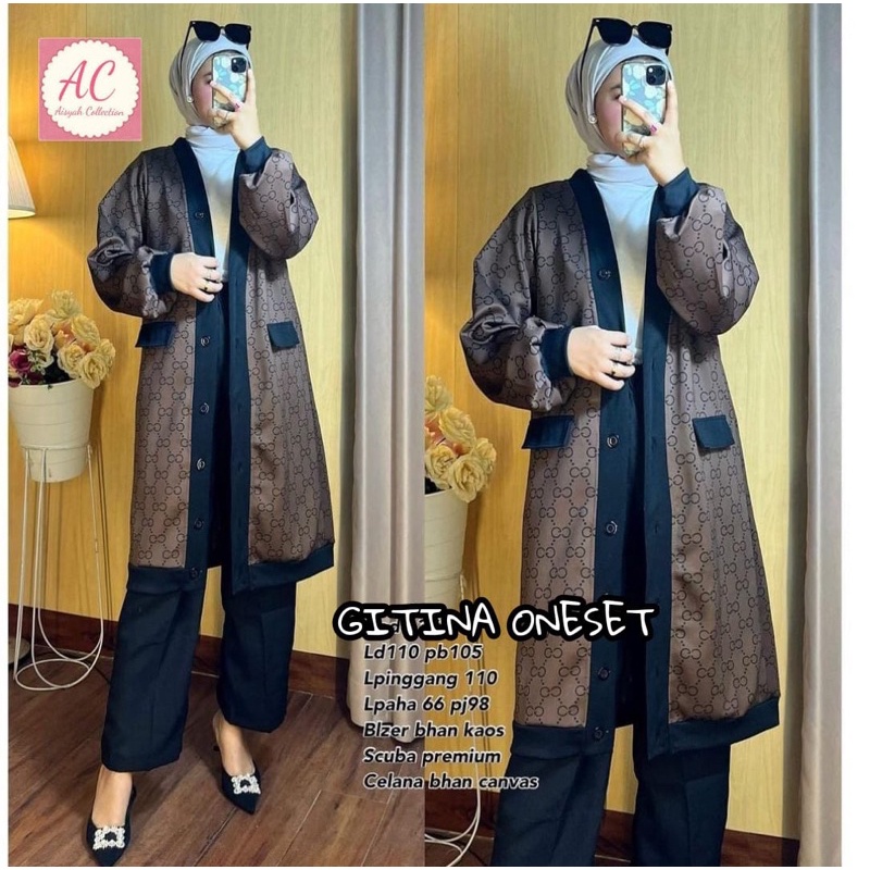 GITINA ONESET CARDI IMPORT BAHAN SCUBA MIX LINEN / SET CELANA MOTIF GUCCI PREMIUM / SET CARDI CELANA