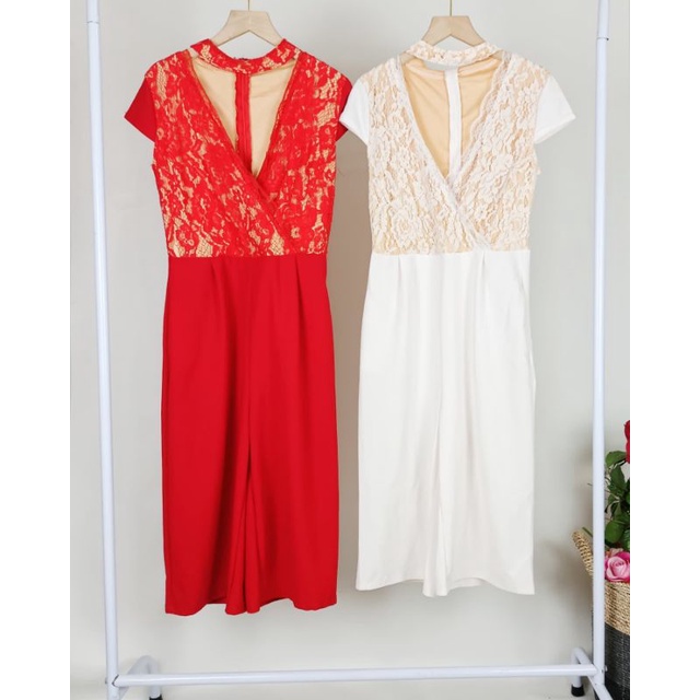 Kimikoboutique - Jumpsuit Claire - Overall Import Lengan Pendek Kombinasi Brokat Stretch