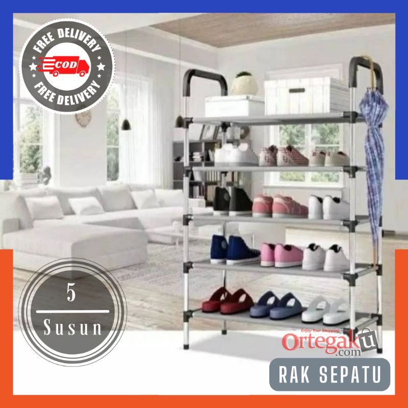 RAK SEPATU 5 SUSUN PORTABLE MURAH | RAK PLASTIK DAN STAINLESS SUSUN 5  | Rak Sepatu Serbaguna Besi V
