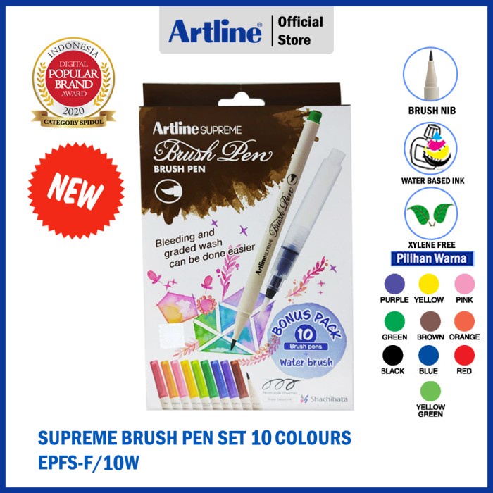 

DISKON- BISA COD ARTLINE Spidol Supreme Brush Pen SET 10 Colours+Waterbrush EPFS-F/BP10