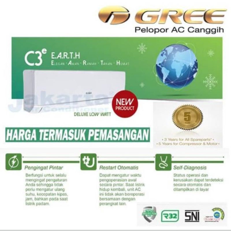 AC GREE 1 PK GWC-09C3ES DELUXE LOW WATT GOLDEN FIN + BLUE FIN + INSTALASI PEMASANGAN