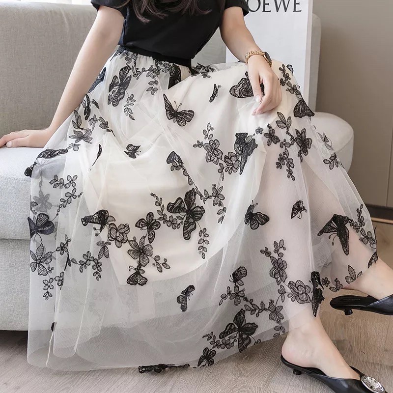 Rok Tutu Kupu Kupu 3D Timbul Panjang / Tutu Maxi Skirt Import ButterFly Embroidery - Katlyn Shop-1