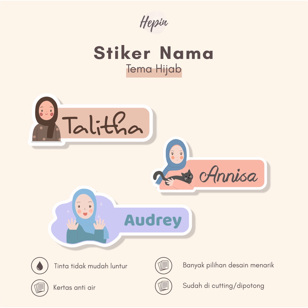 

(90 - 120 pcs)custom stiker ''nama sendiri'' tema Hijab / Stiker Nama Anak Murah / Label Nama Custom