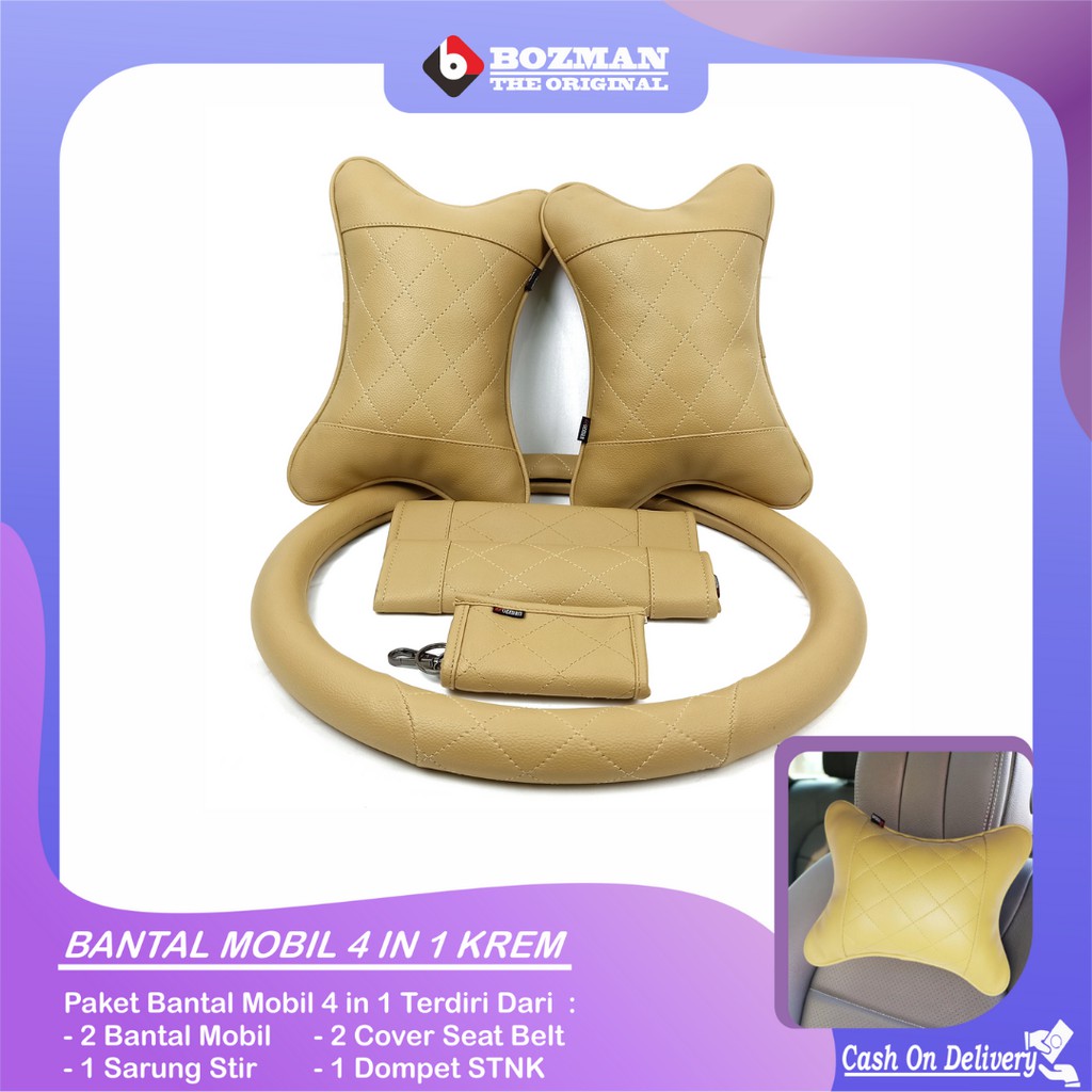 Set Bantal Mobil 4 in 1 Bantal Mobil Seatbelt Sarung Stir Dompet STNK Premium