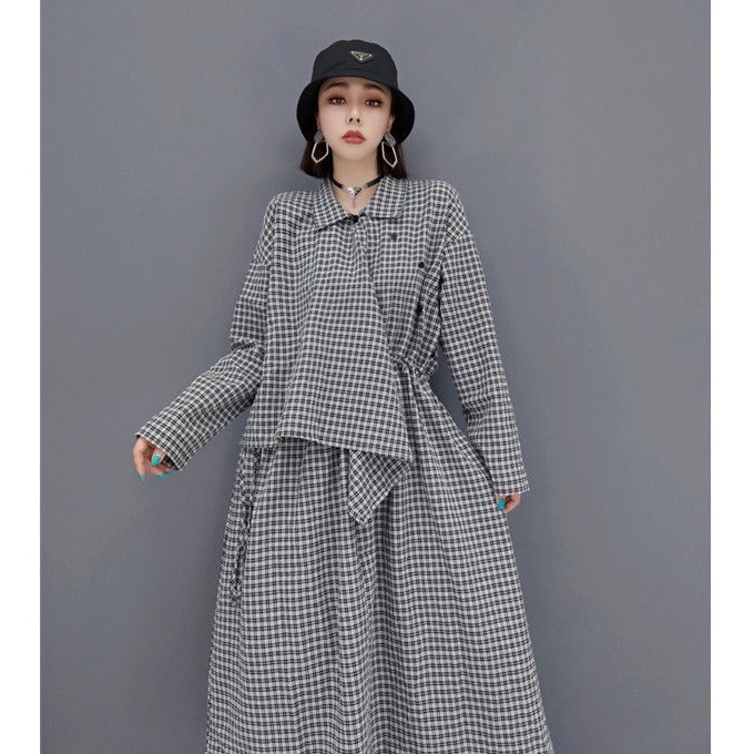 FW10402 Terusan Wanita. Women's Fashion Suit Casual Plaid Shirt Dress