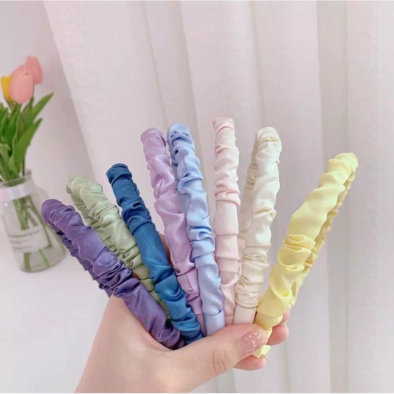 Bando Kerut Scrunchies Headband Warna Pastel Gaya Korea