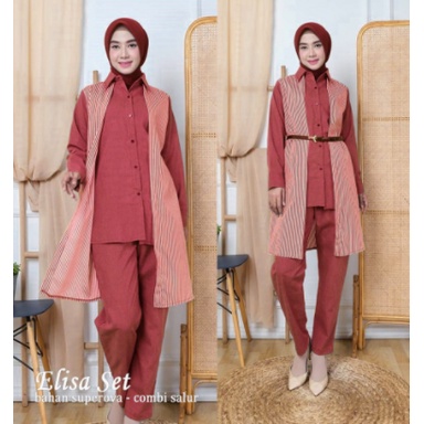 Baju Setelan Muslim Wanita Remaja Terbaru 2022 Model Kekinian Set Celana Rompi Salur Edisi Lebaran B
